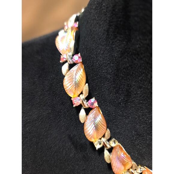 Women's Leaf Necklace Pink Enamel Floral Rhinestone Choker Hook Clasp Jewelry - Picture 5 of 6